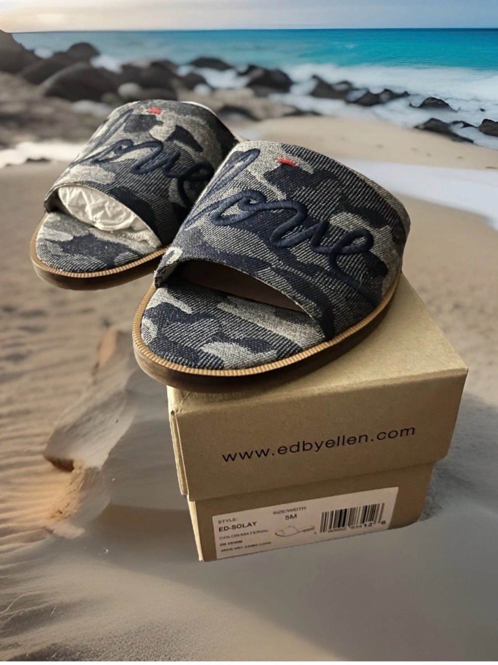 Women’s Ellen Degeneres Camouflage Denim Slide Sandals in Navy